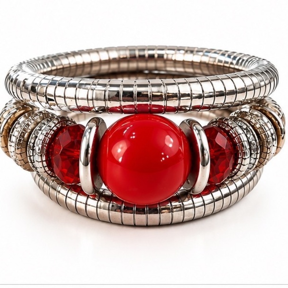 Snake Chain Wrap Bracelet Stretchy Red Bead Crystal Accents Bold Statement